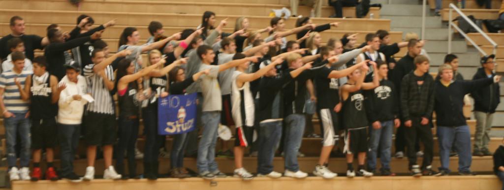Kaneland+rowdies+point+during+a+free+throw+against+Glenbard+South.+