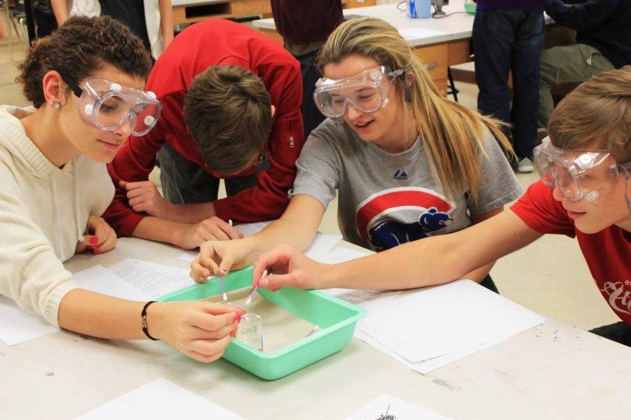 Seniors Julia Golbeck, Alyssa Evans and Axel Larsen enjoy a lab during Science Club's meeting on October 7. Photo by Jessica Bowgren.