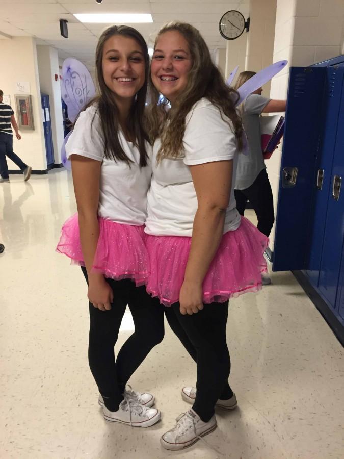 Freshman Sophie Michels and Gianna Carbonara wear matching costumes for twin day. 