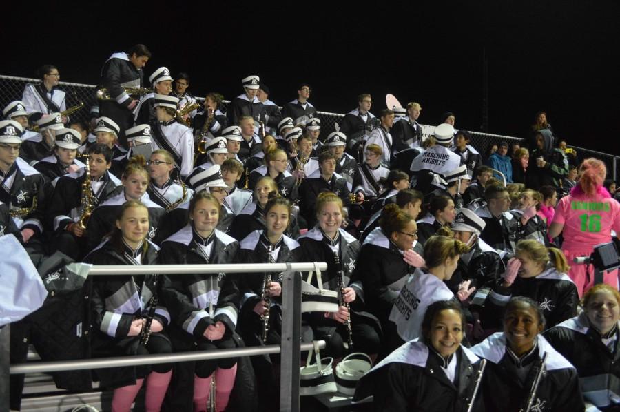 The Marching Knights get ready for their half time performance.  