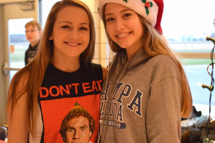 Sophomores Megan Webber and Macey Knightly show their Christmas spirit by wearing pajama’s from the movie “Elf.