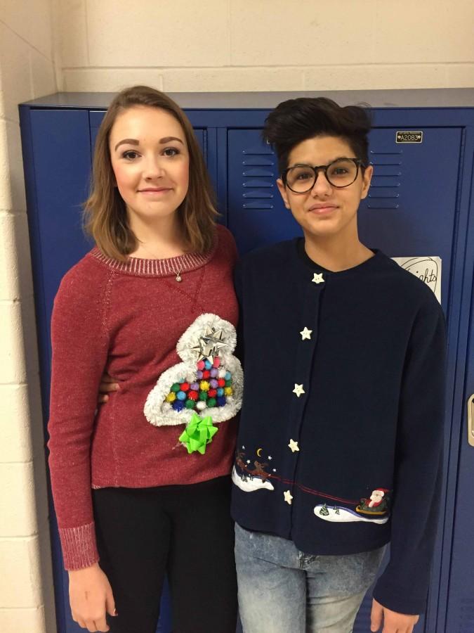 Freshmen Allison Webster and Stevie Kumar get into the holiday spirit by participating in Ugly Sweater day. 