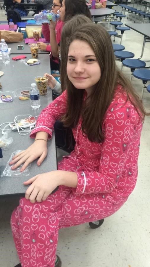 Freshman Savannah Anderson showcases her matching pajama set during sixth hour lunch. 