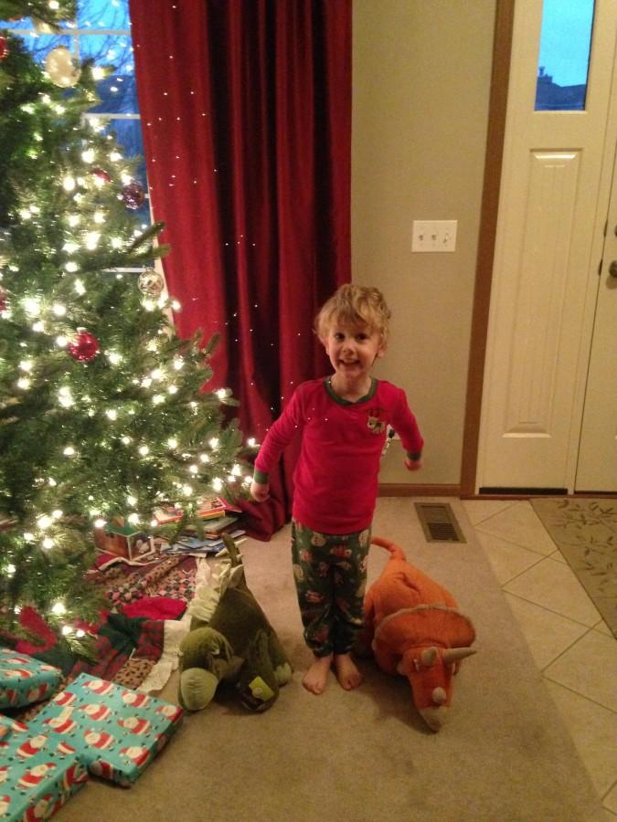 Counselor Erin Shore's son Nolan stands proudly next to his family's decorated Christmas tree. 