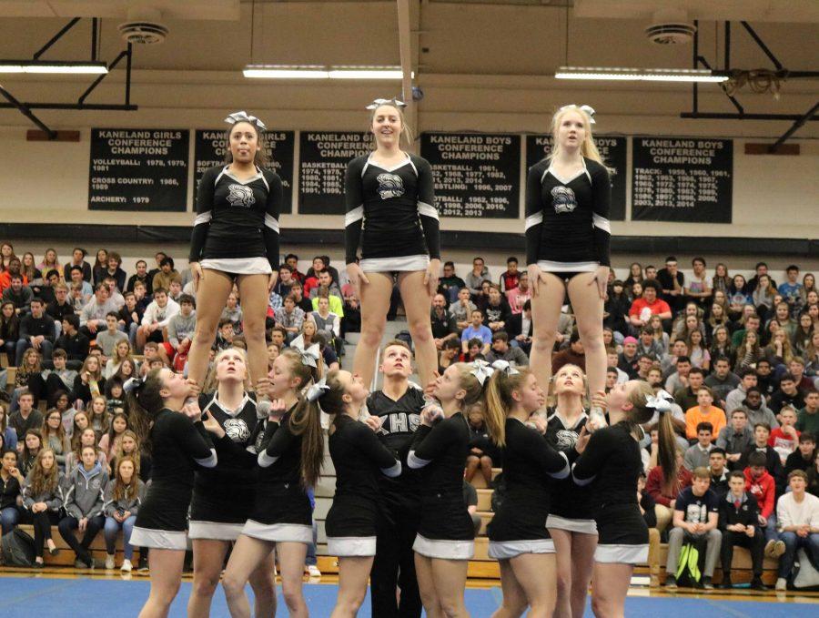 The Kaneland cheer squad performs an action packed routine that fires up the crowd. The cheer squad has been renown to start off pep assemblies.
