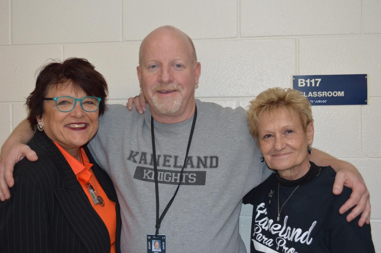 From left to right: Diane McFarlin, Kurt Green and Linda Wilson are all smiles in preparation to walk the falls of KHS one final time.