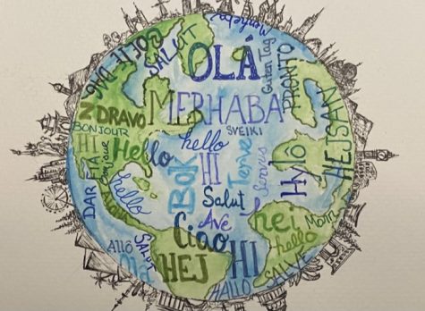 This artwork depicts a variety of languages and landmarks from around the world. Learning a second language is an integral part of exploring the many cultures of the world we live in.
