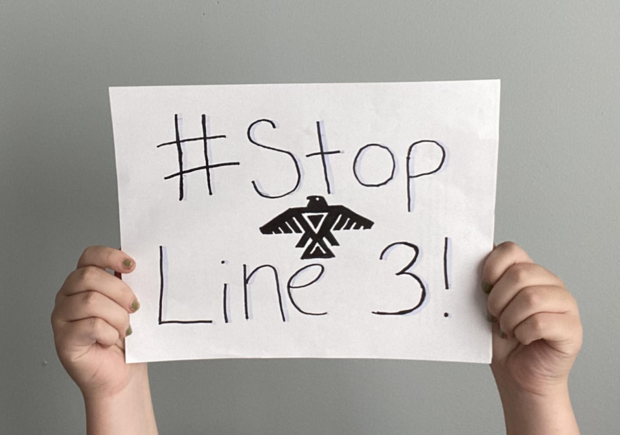 Stop Line 3 is a phrase to raise awareness of the protests against a tar sands pipeline in Minnesota. In the center, the Anishinaabe tribe symbol is hand-drawn to represent the main treaty-protected land that Line 3 runs through. 