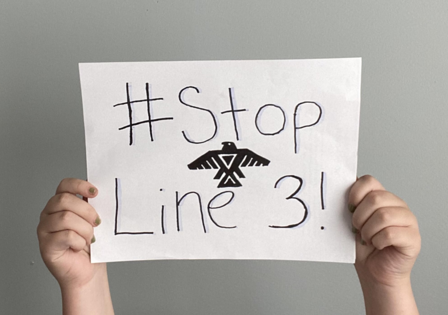 Stop+Line+3+is+a+phrase+to+raise+awareness+of+the+protests+against+a+tar+sands+pipeline+in+Minnesota.+In+the+center%2C+the+Anishinaabe+tribe+symbol+is+hand-drawn+to+represent+the+main+treaty-protected+land+that+Line+3+runs+through.+