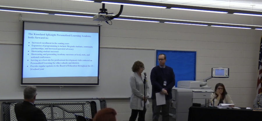Personalized Learning Coordinator Laura Garland and Director of Human Resources Dr. Chris Adkins gave an update on the Kaneland IgKnight Personalized Learning Academy for the 2023-24 school year. It will expand to more grade levels as eighth graders attending the learning academy move to ninth grade for the 2024-25 school year. 