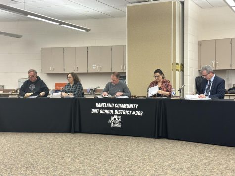 The board members review information about the tax levy. The Kaneland district is expected to receive a total levy increase of 5.87% and the money from the tax levy will assist in providing for programs, services, operating costs and other expenditures in the 2023-24 school year.