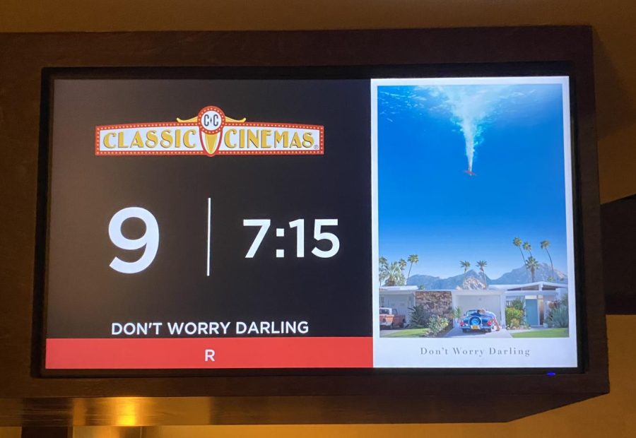 Dont Worry Darling is displayed on a sign outside a theater at Classic Cinemas Charlestowne 18 Theatre in St. Charles. Starring Harry Styles and Florence Pugh, the film gained a lot of attention online.