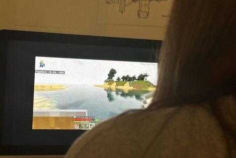 A student plays Minecraft on a computer. Collecting resources, fighting hostile mobs and building are just a few of the actions that can be done in the game.