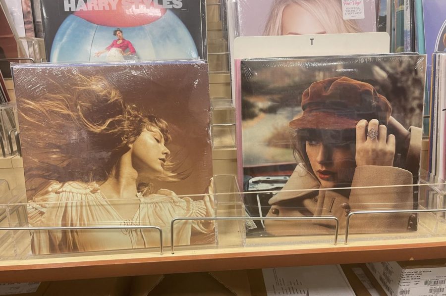 Fearless (Taylor’s Version) and Red (Taylor’s Version) vinyls sit in Barnes & Noble. The albums were released with Republic Records. 