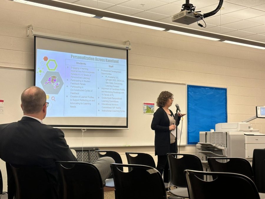 Personalized Learning Coordinator Laura Garland gives a presentation on personalization across the district and updates for the Kaneland IgKnight Learning Academy. The presentation included updates, a timeline and the ten tenets of personalized learning in the district.