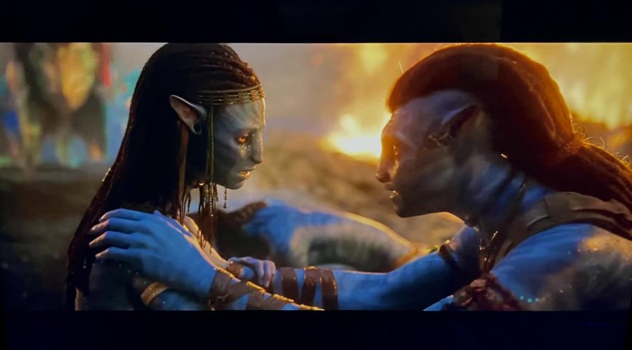 Main characters in Avatar: The Way of Water Neytiri and Jake Sully console each other in a tense moment. The film has a run time of three hours and 12 minutes.