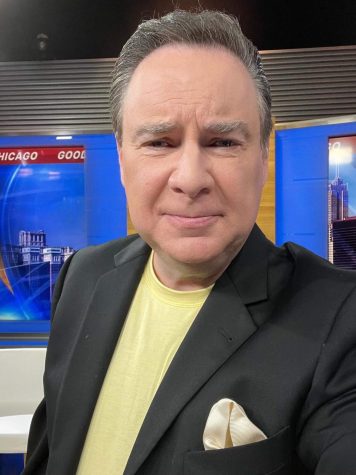 Meteorologist Mike Caplan stands on the set of Fox 32s morning show Good Day Chicago. Caplan has worked for WFLD-TV FOX 32 Chicago since 2015.