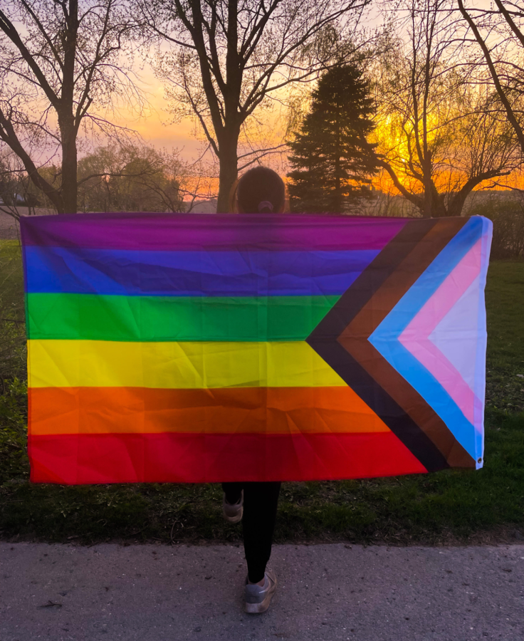 A person holds up an LGBTQ+ Progress Pride Flag. According to the UCLA School of Law, people committing hate crimes such as those against the LGBTQ+ community have gotten increasingly younger over the years.