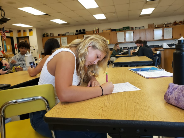 Sophomore Joee Goc takes a math test on Monday, Sept. 18.  The results of the test are  indicated by a score of 1-4 which, at the end of the semester, will be averaged out with her other scores to get her final letter grade.