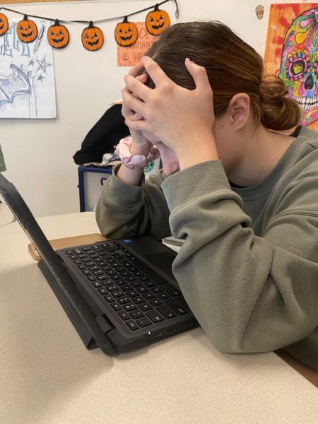Junior Payton Bonebreak stresses over an assignment during class. After using techniques to calm herself down, she was able to successfully complete the assignment.  