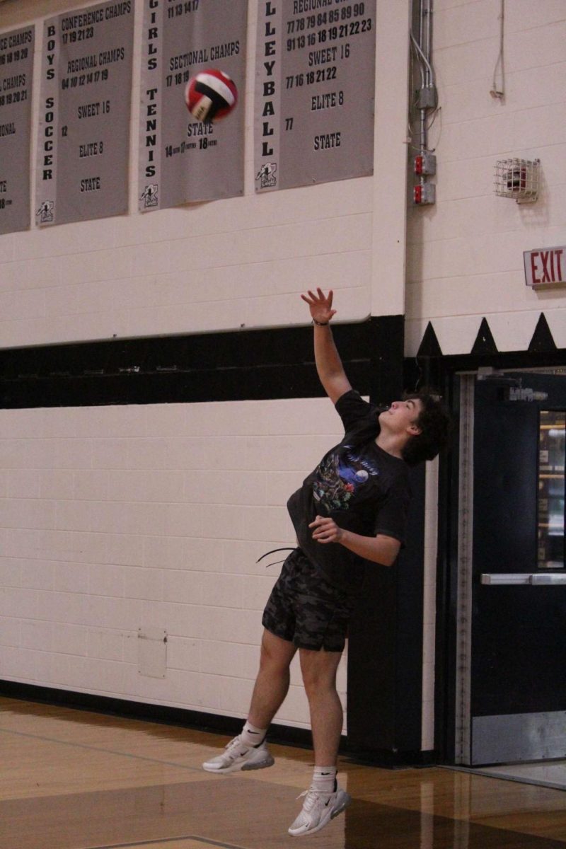 Junior Jakub Chelbek serves a volleyball in physical education class. While boys can play volleyball in class, there is no official boys team offered. 