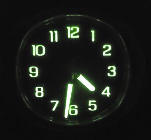 The luminescent dials and numbers of a Baby Ben clock glow in the dark. In Ottawa’s neighboring town of La-Salle-Peru, the Westclox factory, known for their Big Ben and Baby Ben models of clock, used the radioactive dials that the girls from the Radium Dial Company painted. 