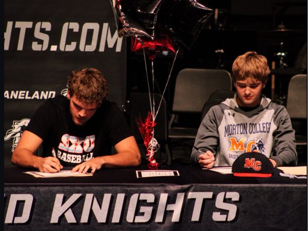 Kaneland alumni Parker Violett and Max Wodward sign their letters of intent last spring to play baseball at the collegiate level. Choosing which school to commit to can be a stressful processor future college athletes. 