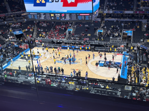 The Wisconsin Badgers and Michigan Wolverines warm  up before their Big Ten Tournament Final at Gainbridge Fieldhouse in Indianapolis,. Both teams had already secured bids in the NCAA tournament but were looking to elevate their seeds.  