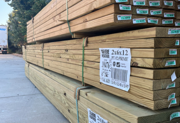 Lumber imported into the U.S., awaiting shipment from Lowe’s. This lumber was shipped into the U.S. from Canada before distribution began. Monday, September 15, 2025, St Charles, IL.